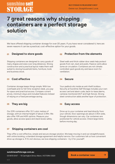 Page 1 of the 7 Great Reasons Why Shipping Containers Are a Perfect Storage Solution PDF from Sunshine Self Storage