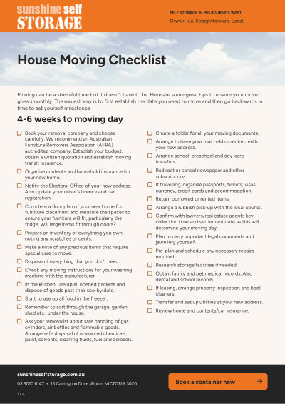 Page 1 of the House Moving Checklist PDF from Sunshine Self Storage