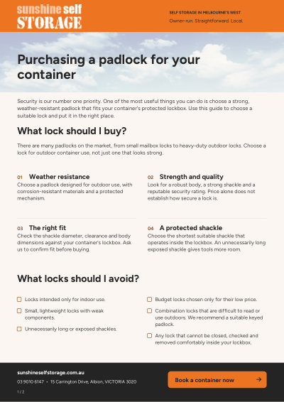 Page 1 of the Purchasing a Padlock for Your Container PDF from Sunshine Self Storage