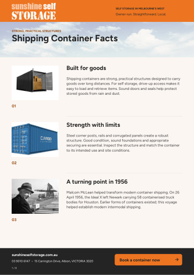 Page 1 of the Shipping Container Facts PDF from Sunshine Self Storage