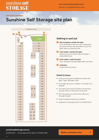 The Sunshine Self Storage Site Plan PDF, showing the yard and how to get in and out