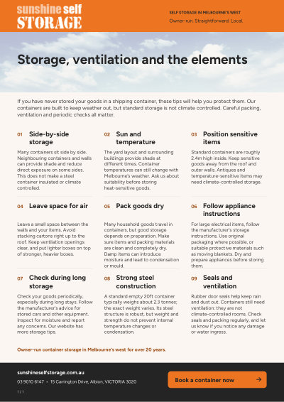 Page 1 of the Storage, Ventilation and the Elements PDF from Sunshine Self Storage