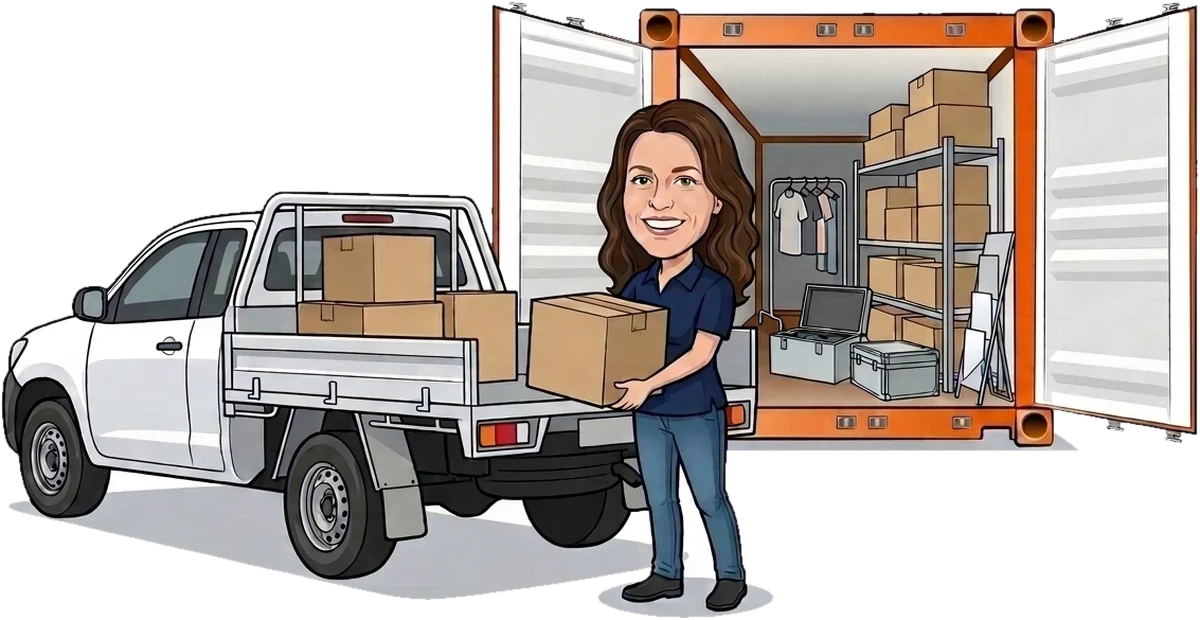 Cartoon of a small business owner carrying a box to her ute, in front of an open orange shipping container with shelves of stock, a clothing rack and equipment cases