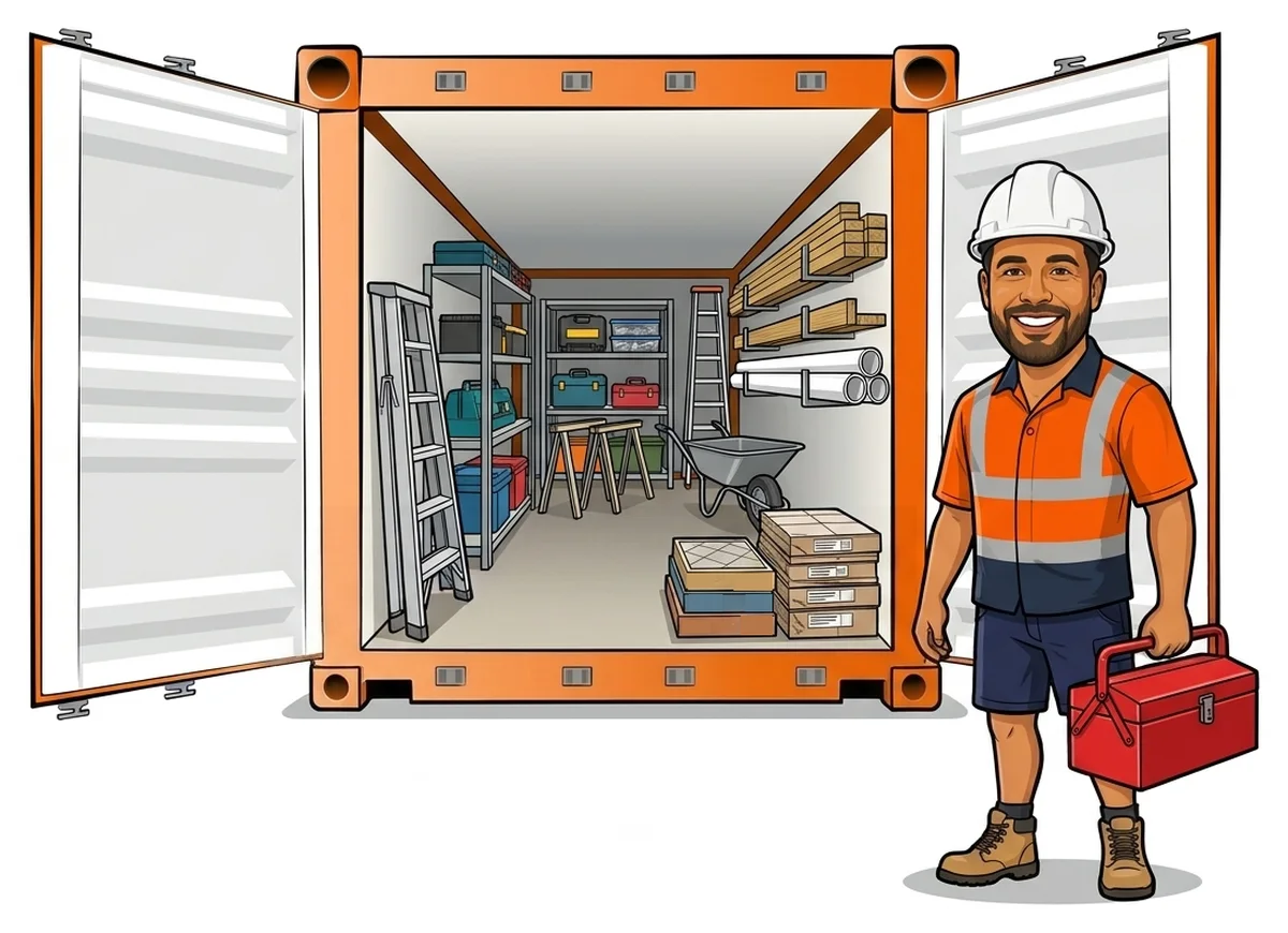 Cartoon of a builder in a hard hat and hi-vis carrying a red toolbox, beside an open orange shipping container with shelves of tool cases, ladders, timber, pipe, trestles, a wheelbarrow and boxed tiles