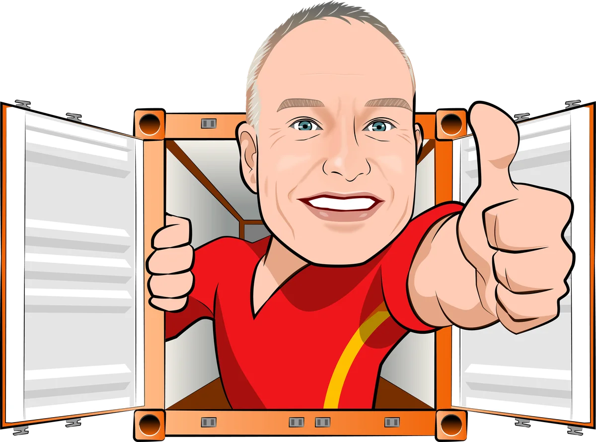 Cartoon of Ned Coten popping out of an orange shipping container with a thumbs up
