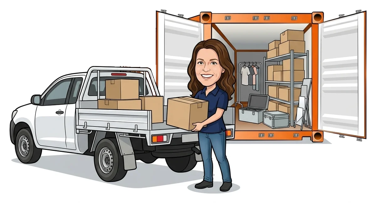 Cartoon of a smiling woman carrying a box from her ute to her open orange shipping container, with shelves of boxes, a clothing rack and cases inside