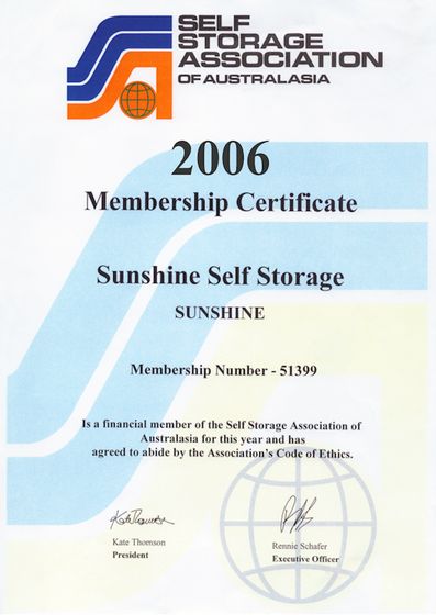 Sunshine Self Storage's 2006 SSAA membership certificate, member no. 51399