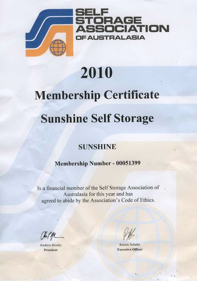 Sunshine Self Storage's 2010 SSAA membership certificate, member no. 51399