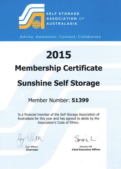 Sunshine Self Storage's 2015 SSAA membership certificate, member no. 51399