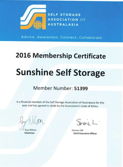 Sunshine Self Storage's 2016 SSAA membership certificate, member no. 51399