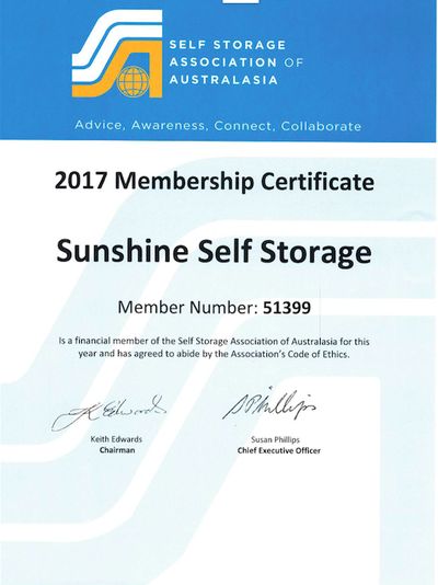 Sunshine Self Storage's 2017 SSAA membership certificate, member no. 51399