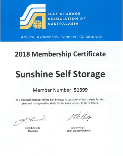 Sunshine Self Storage's 2018 SSAA membership certificate, member no. 51399