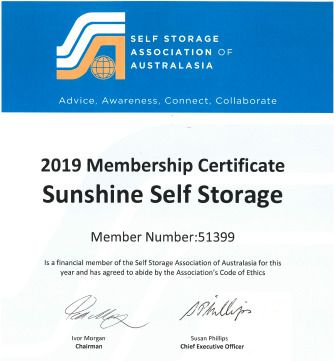Sunshine Self Storage's 2019 SSAA membership certificate, member no. 51399
