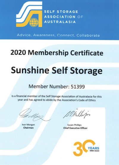 Sunshine Self Storage's 2020 SSAA membership certificate, member no. 51399