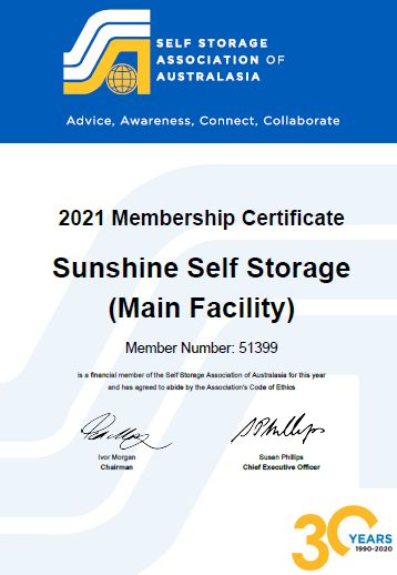 Sunshine Self Storage's 2021 SSAA membership certificate, member no. 51399