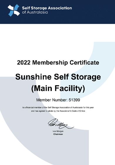 Sunshine Self Storage's 2022 SSAA membership certificate, member no. 51399
