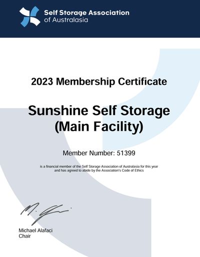 Sunshine Self Storage's 2023 SSAA membership certificate, member no. 51399