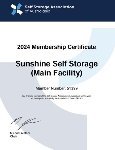 Sunshine Self Storage's 2024 SSAA membership certificate, member no. 51399