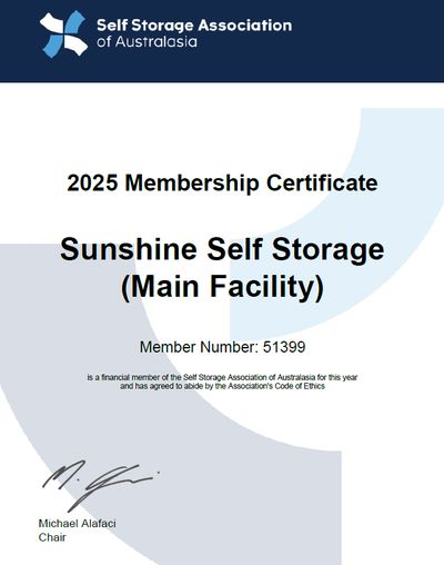 Sunshine Self Storage's 2025 SSAA membership certificate, member no. 51399