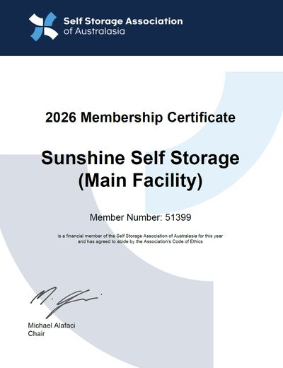 Sunshine Self Storage's 2026 SSAA membership certificate, member no. 51399