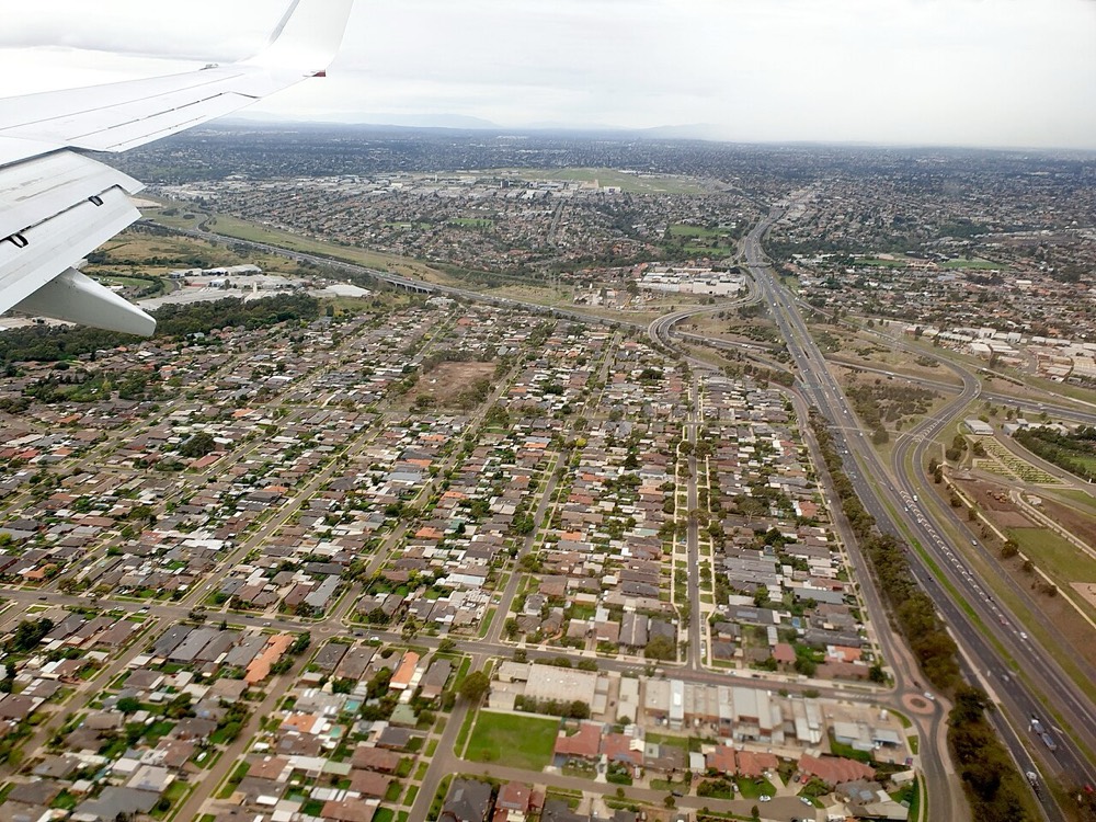 An aerial view of Keilor Park looking east along the Calder Freeway