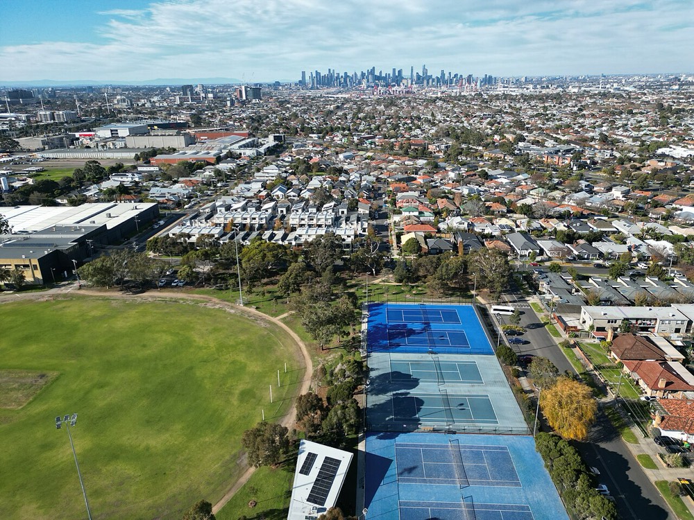 Hansen Reserve in West Footscray, looking east to the city skyline