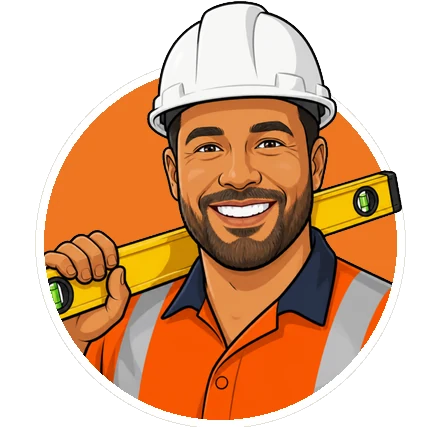 Cartoon of a smiling builder in a hard hat with a spirit level