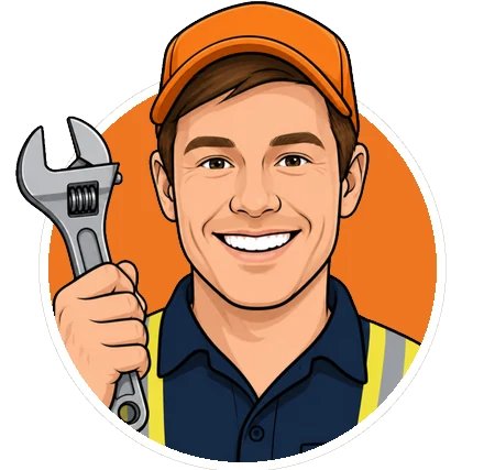 Cartoon of a smiling plumber holding a shifting spanner