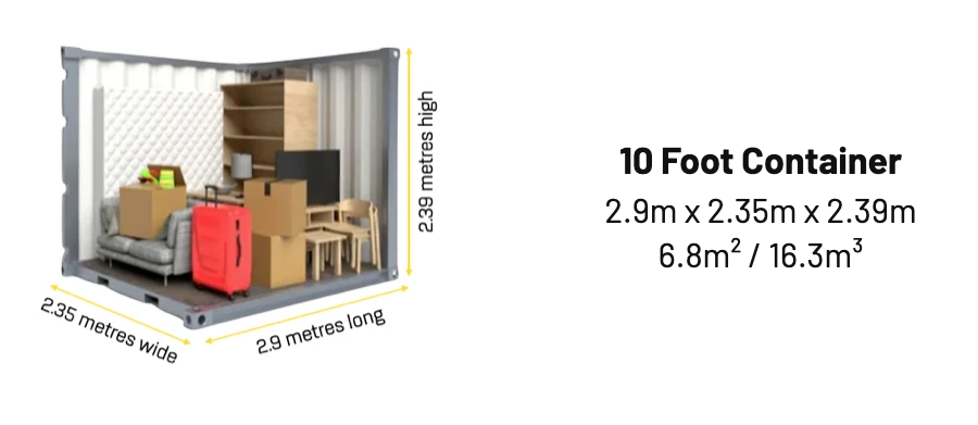 Diagram of a 10ft container, 2.9m long, 2.35m wide and 2.39m high, with furniture and boxes inside