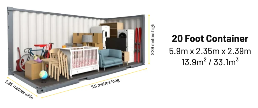 Diagram of a 20ft container, 5.9m long, 2.35m wide and 2.39m high, with furniture and boxes inside