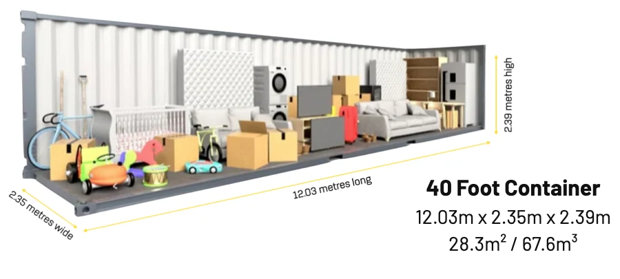Diagram of a 40ft container, 12.03m long, 2.35m wide and 2.39m high, with furniture and boxes inside