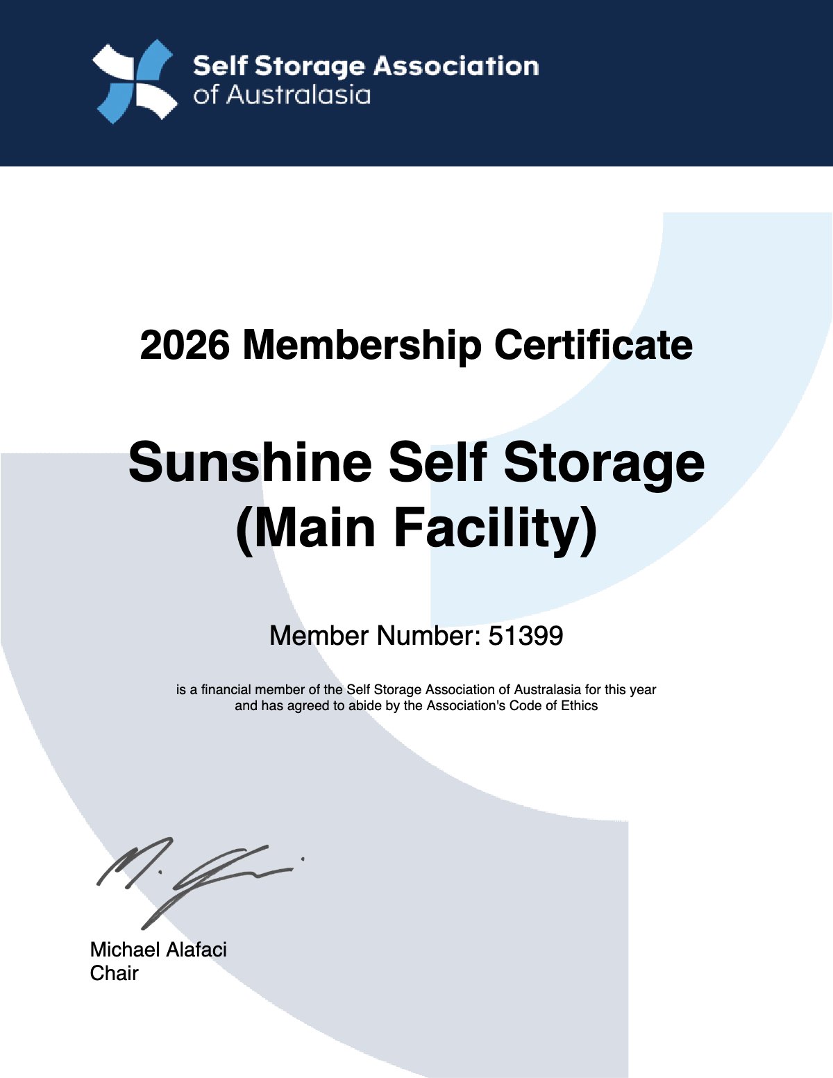 Sunshine Self Storage's current Self Storage Association of Australasia membership certificate, member no. 51399